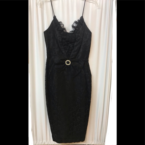 VINTAGE 80’s Women’s S Black Lace Plunging Evening Dress with Bow - Picture 8 of 15